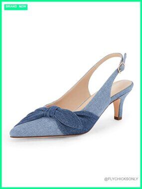 Bow Slingback Kitten Heels Closed Pointed Toe Denim Dress Pumps